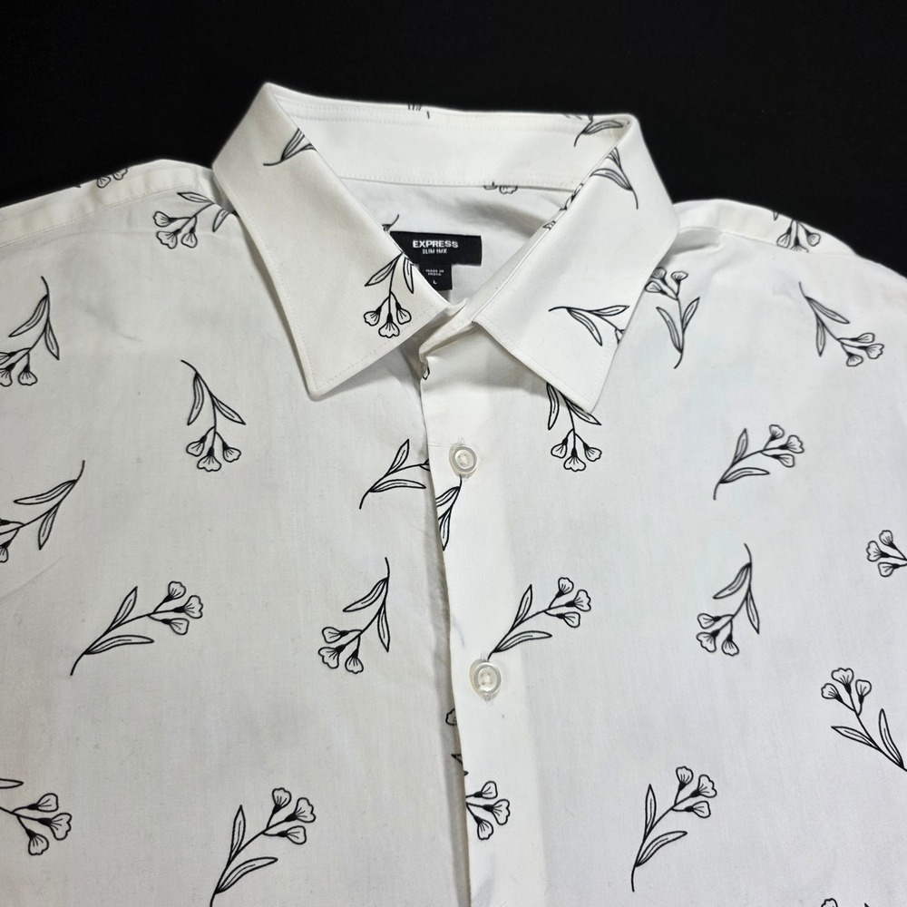 Express Slim 1MX Mens Large White Black Floral Sketch Button Down Shirt Size L *